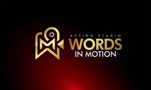 "Words In Motion Acting Studio logo featuring a black and white camera with the studio name written in bold white letters on a black background."