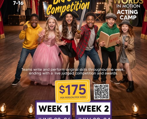Big Skit Competition summer acting camp flyer for kids and teens at Words In Motion Acting Studio in Villa Rica, Georgia