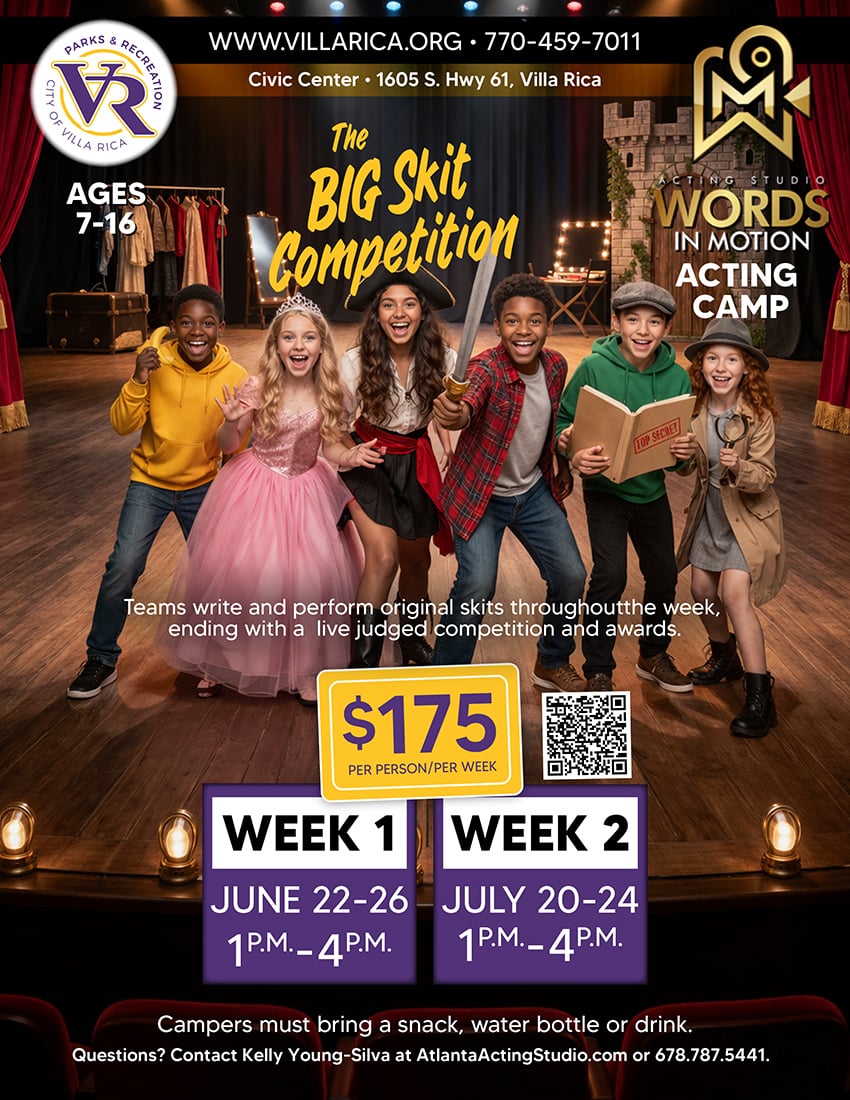 Big Skit Competition summer acting camp flyer for kids and teens at Words In Motion Acting Studio in Villa Rica, Georgia