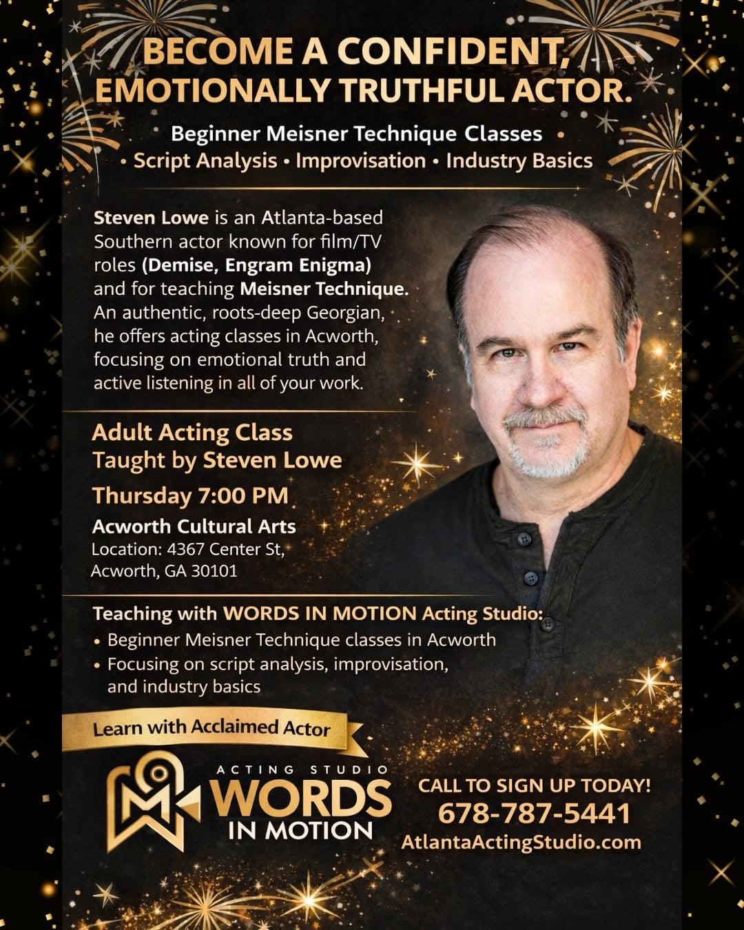 Steven Lowe Beginner Meisner Technique class flyer at Words In Motion Acting Studio