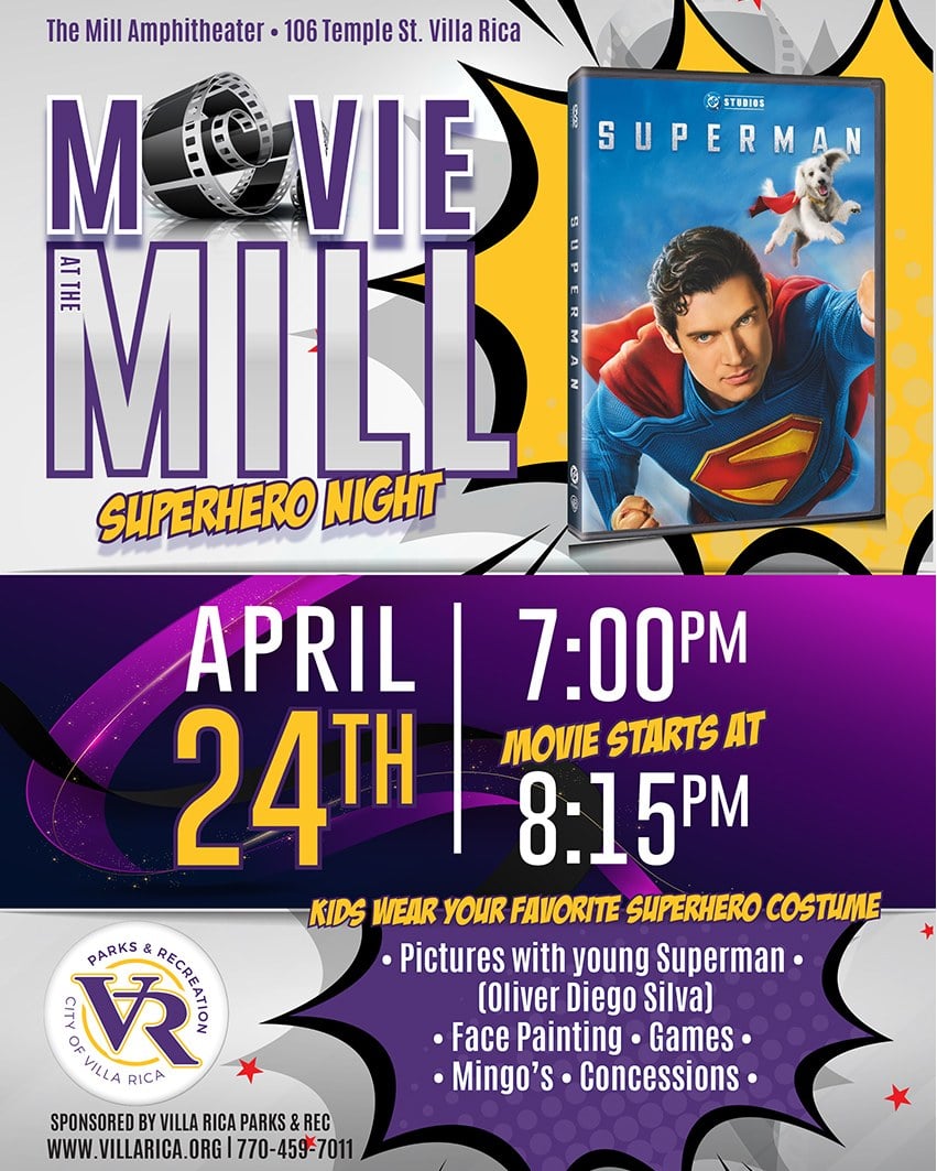 Movie at the Mill Superhero Night flyer