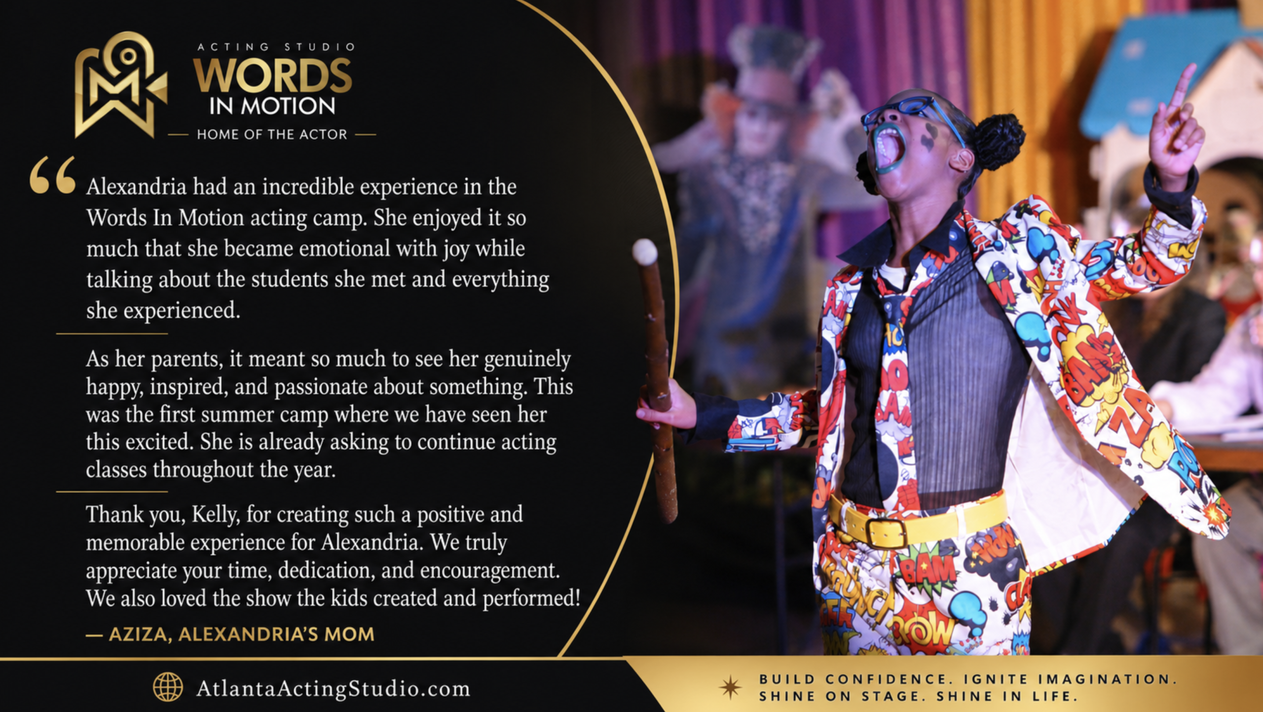 Parent testimonial about a Words In Motion Acting Studio camp